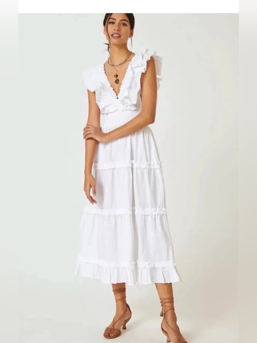 RARE! • ANTHROPOLOGIE • LOVE THE LABEL ‘Azalea’ White Ruffle Tiered Midi Dress - Picture 3 of 17